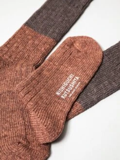 Wool Cotton Slab Socks, Brown -Rikumo Knitwin Wool Cotton Slab Socks Brown 2